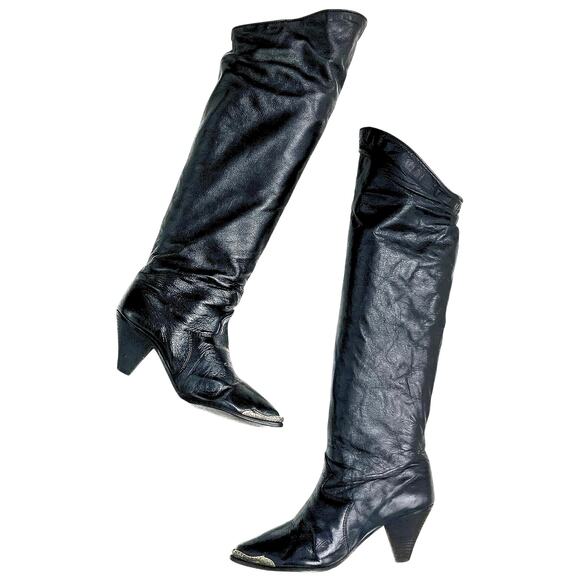 Vintage Zodiac Fold-Over Black Leather Western Boots | Rockstar Fall Essential - Picture 1 of 16